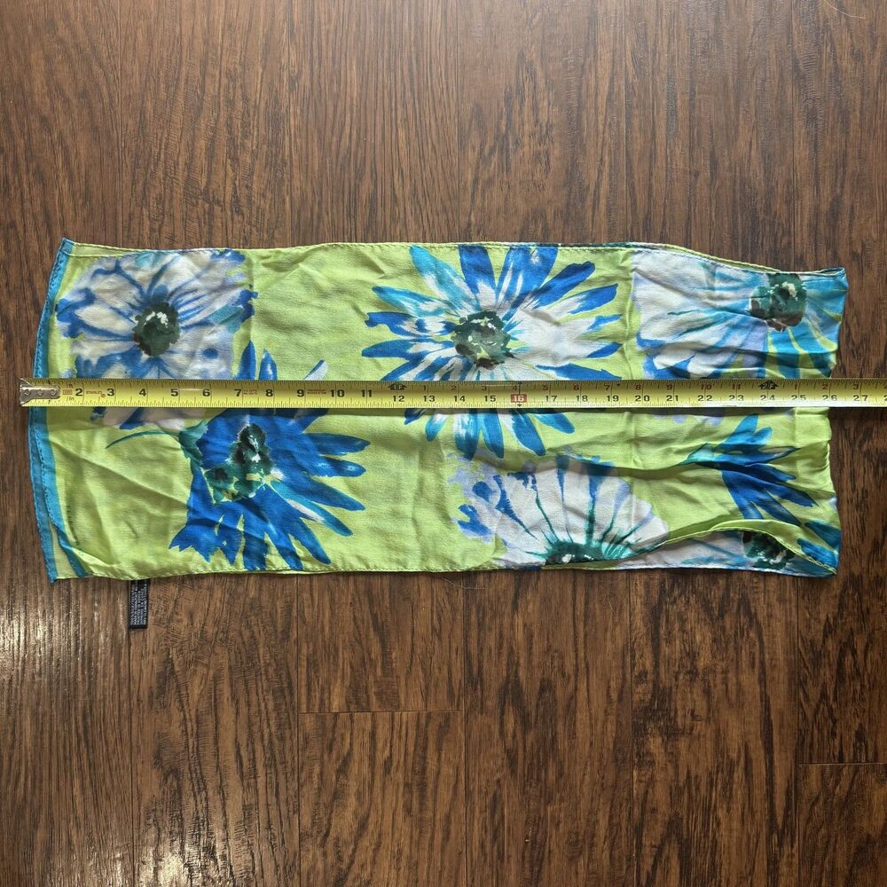 Ellen Tracy Scarf 100% Silk Blue Green Floral Flowers Spring Watercolor 11x52 - Picture 5 of 6